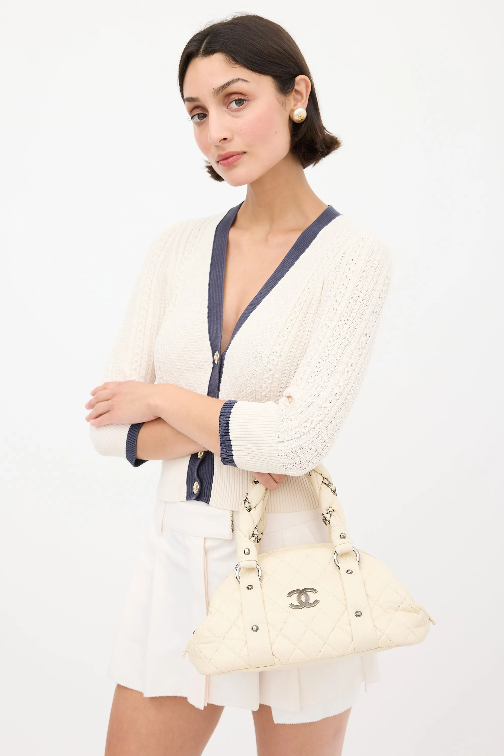 2006 White Leather Lady Braid Bowler Bag