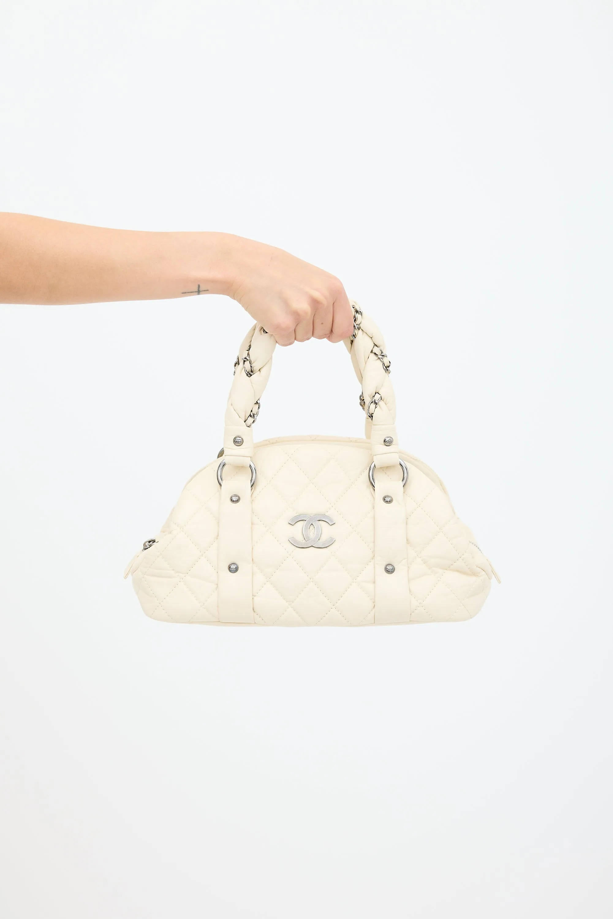 2006 White Leather Lady Braid Bowler Bag