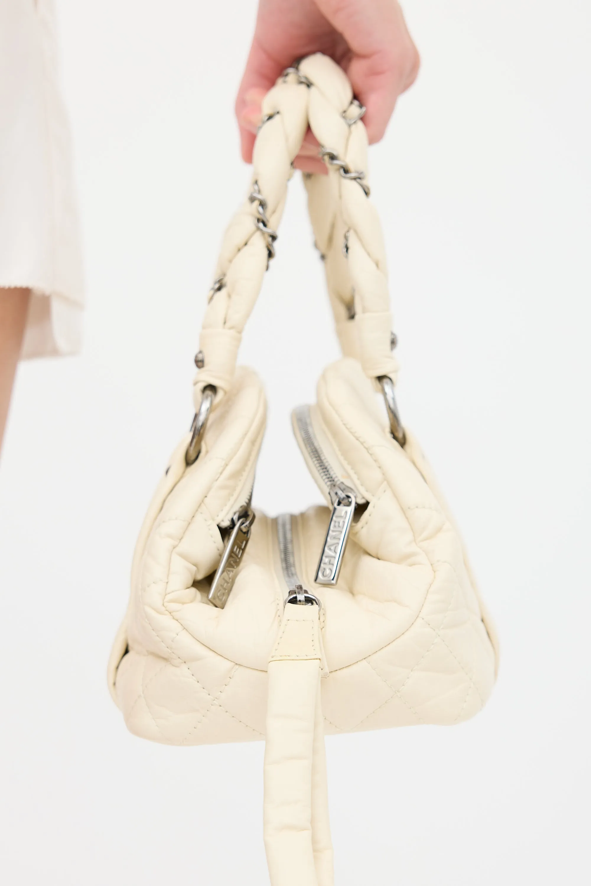 2006 White Leather Lady Braid Bowler Bag