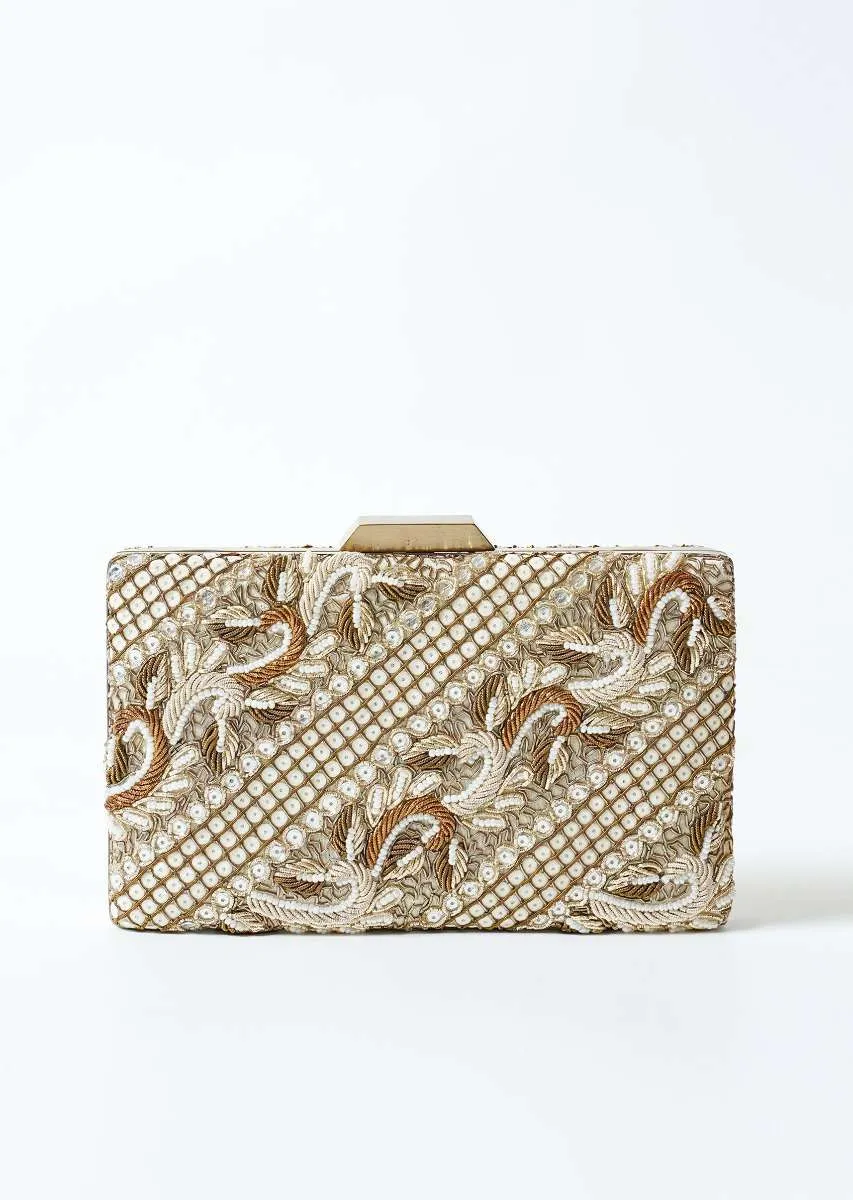 Antique Gold And White Metal Box Clutch With Hand Work On Both Sides Online - Kalki Fashion