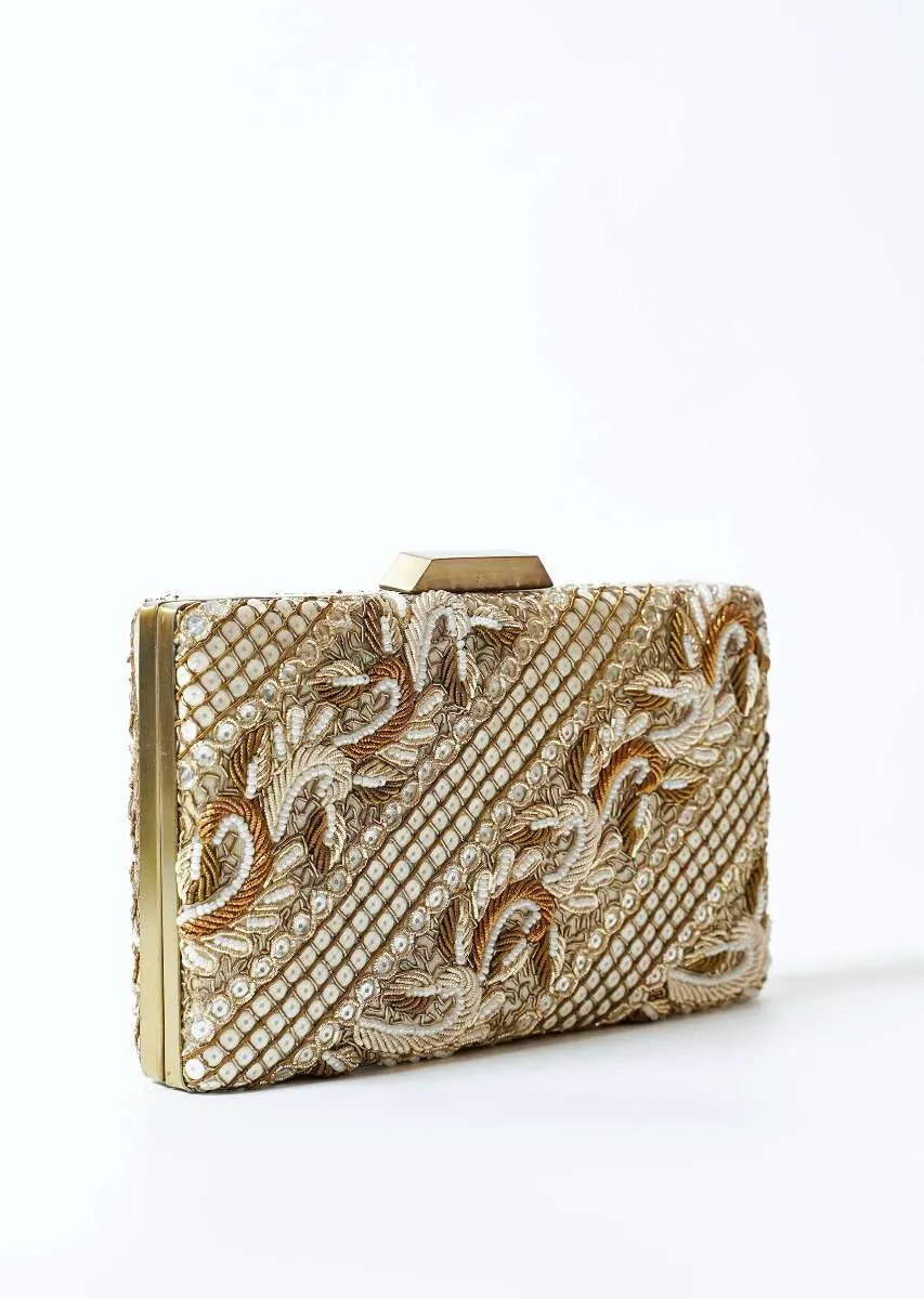 Antique Gold And White Metal Box Clutch With Hand Work On Both Sides Online - Kalki Fashion