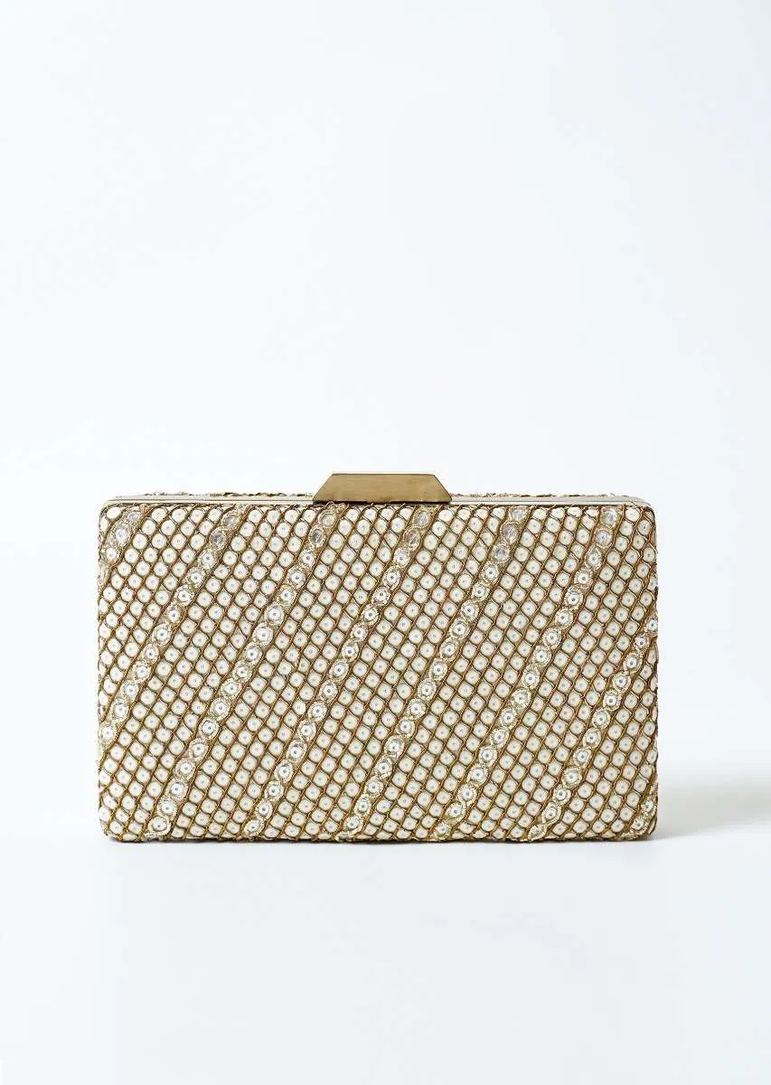 Antique Gold And White Metal Box Clutch With Hand Work On Both Sides Online - Kalki Fashion