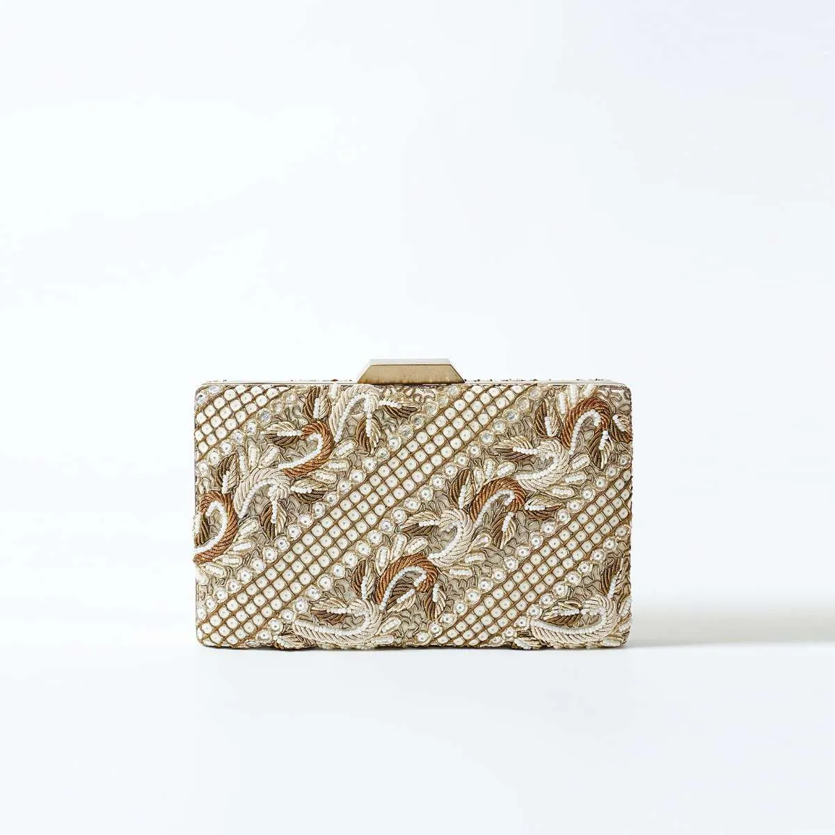 Antique Gold And White Metal Box Clutch With Hand Work On Both Sides Online - Kalki Fashion