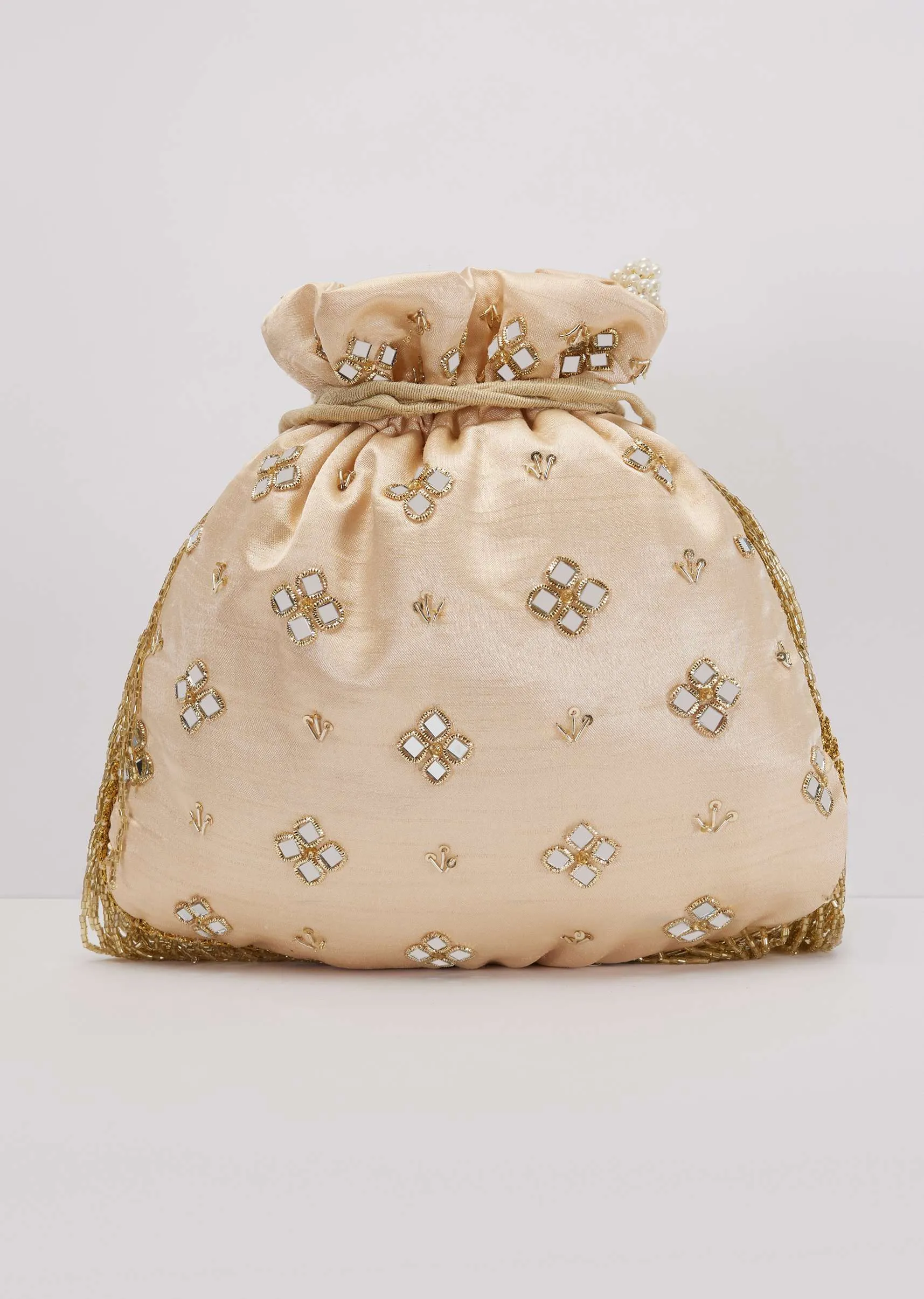 Beige Mirror Work Silk Potli With Tassels And Pearl Handle