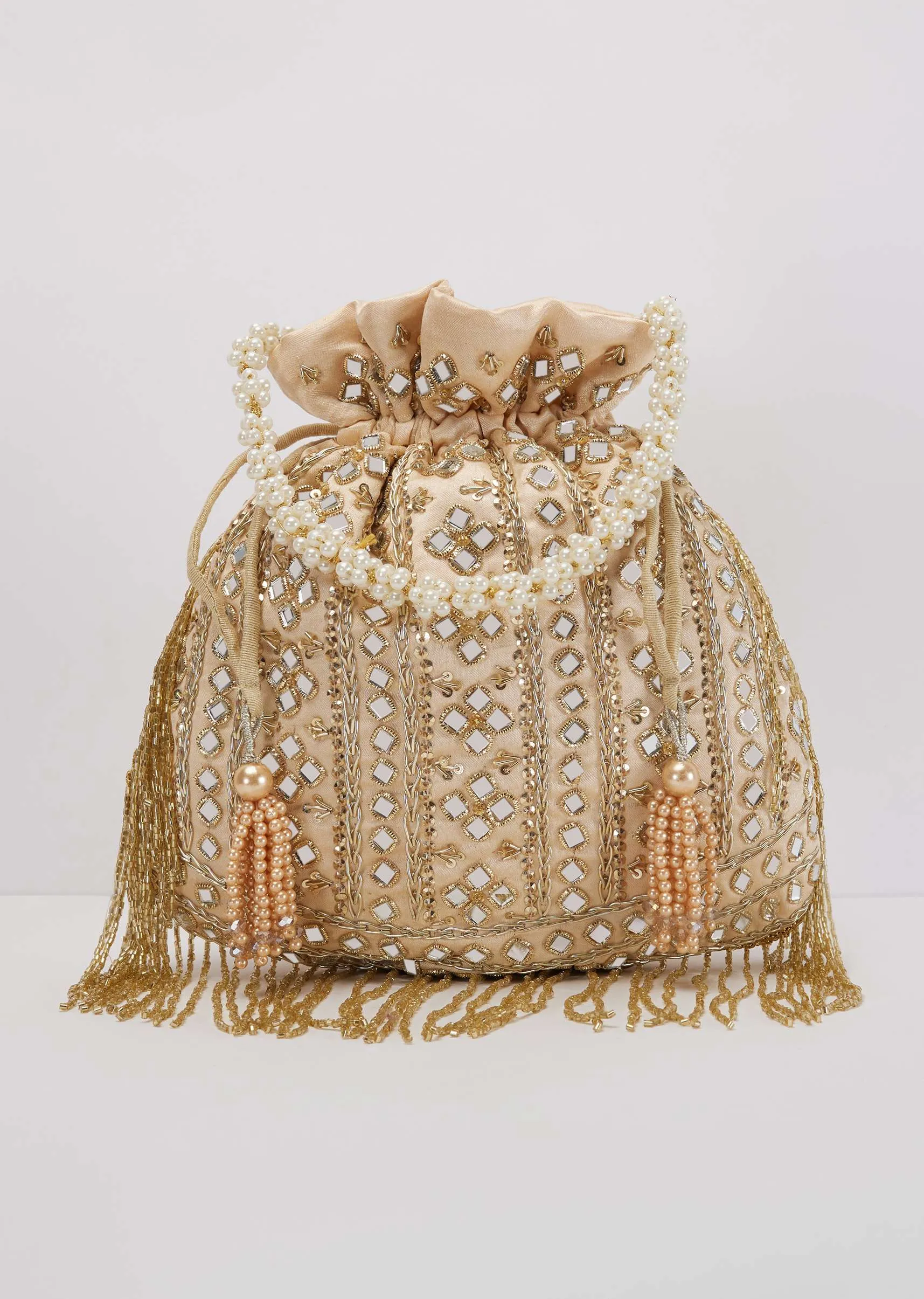 Beige Mirror Work Silk Potli With Tassels And Pearl Handle