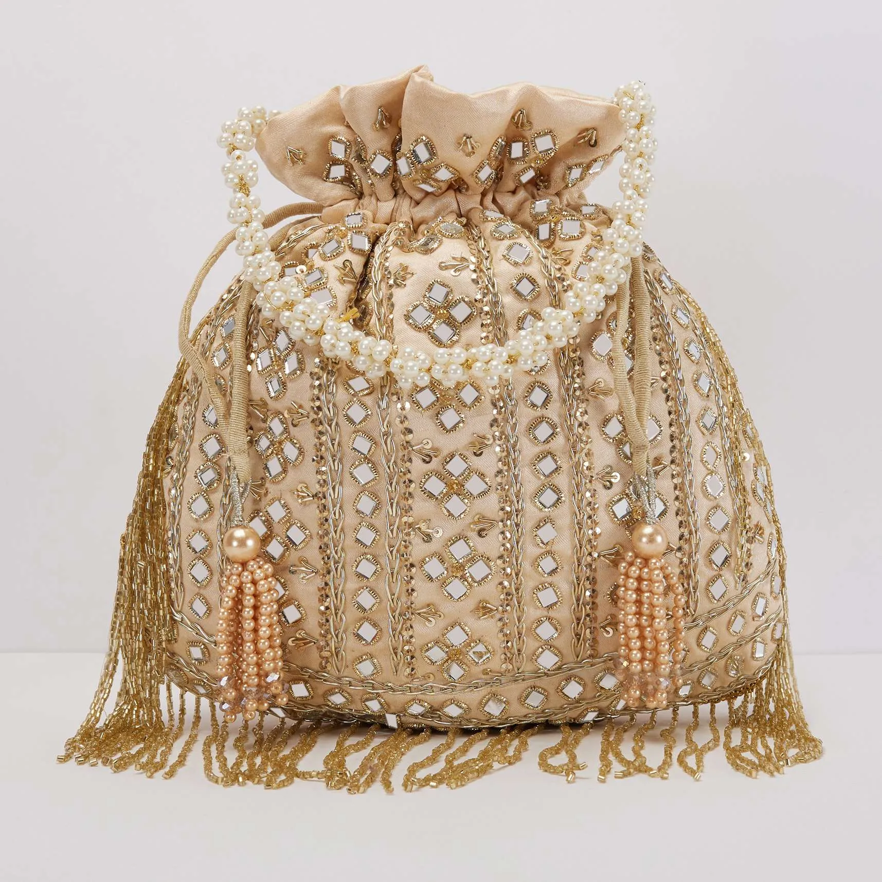 Beige Mirror Work Silk Potli With Tassels And Pearl Handle