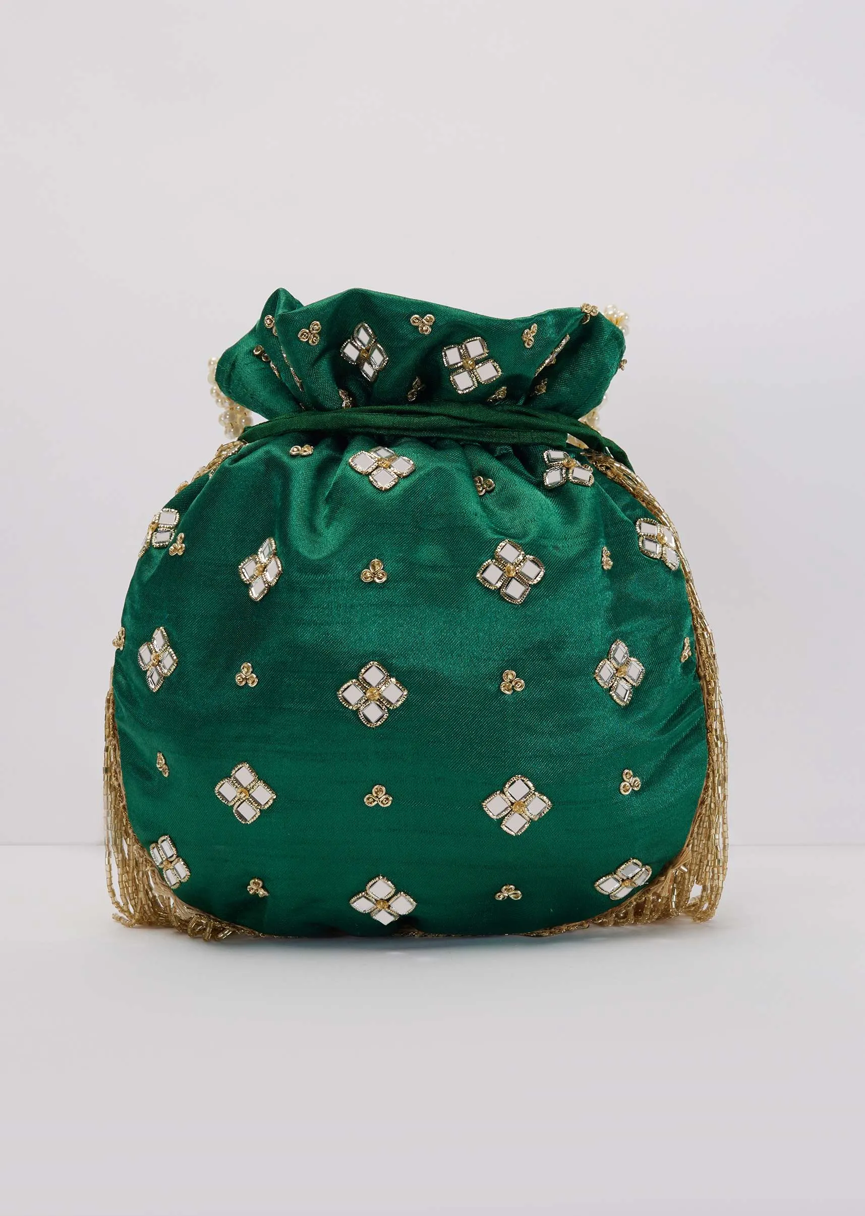 Bottle Green Mirror Work Silk Potli With Tassels And Pearl Handle