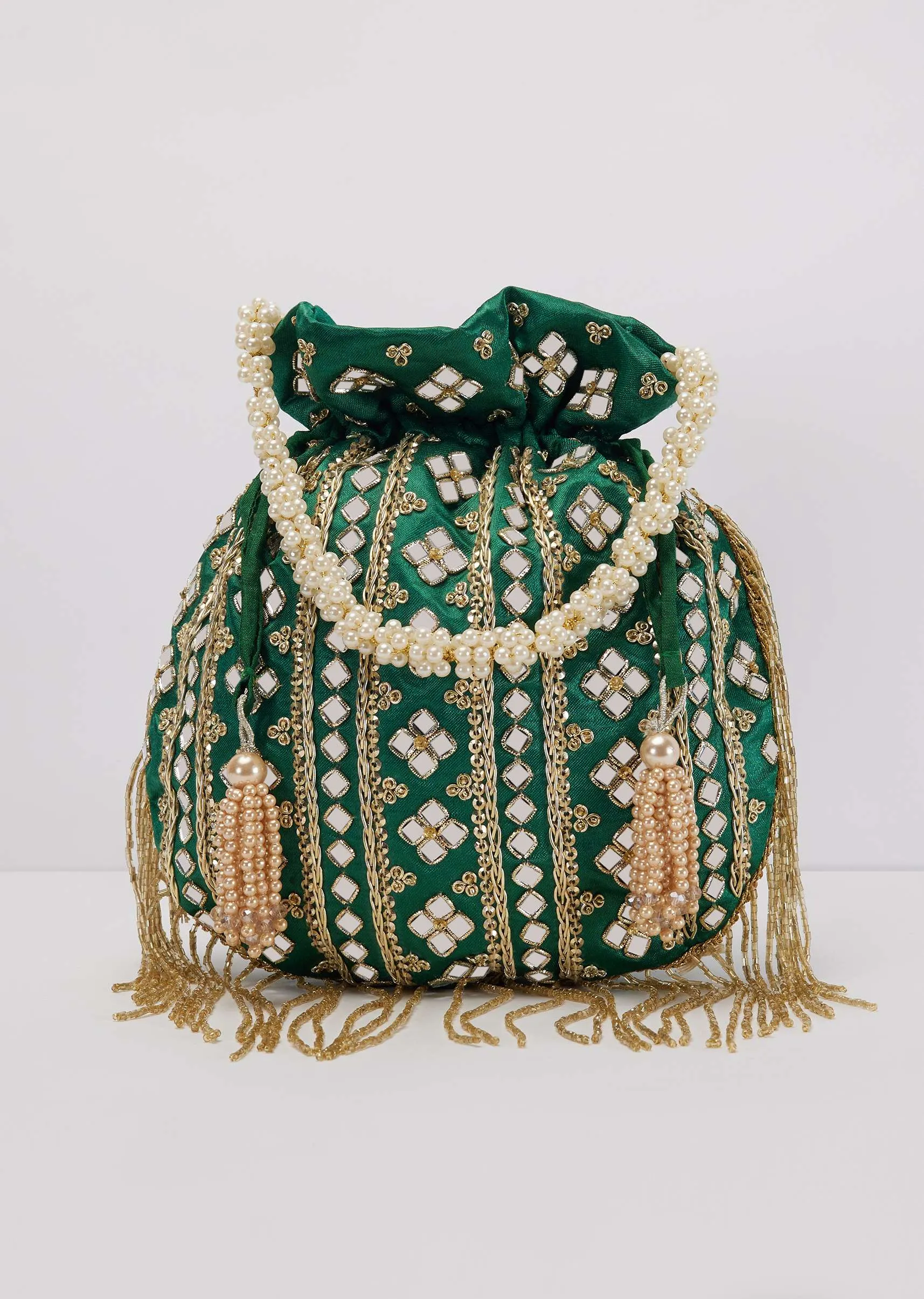 Bottle Green Mirror Work Silk Potli With Tassels And Pearl Handle