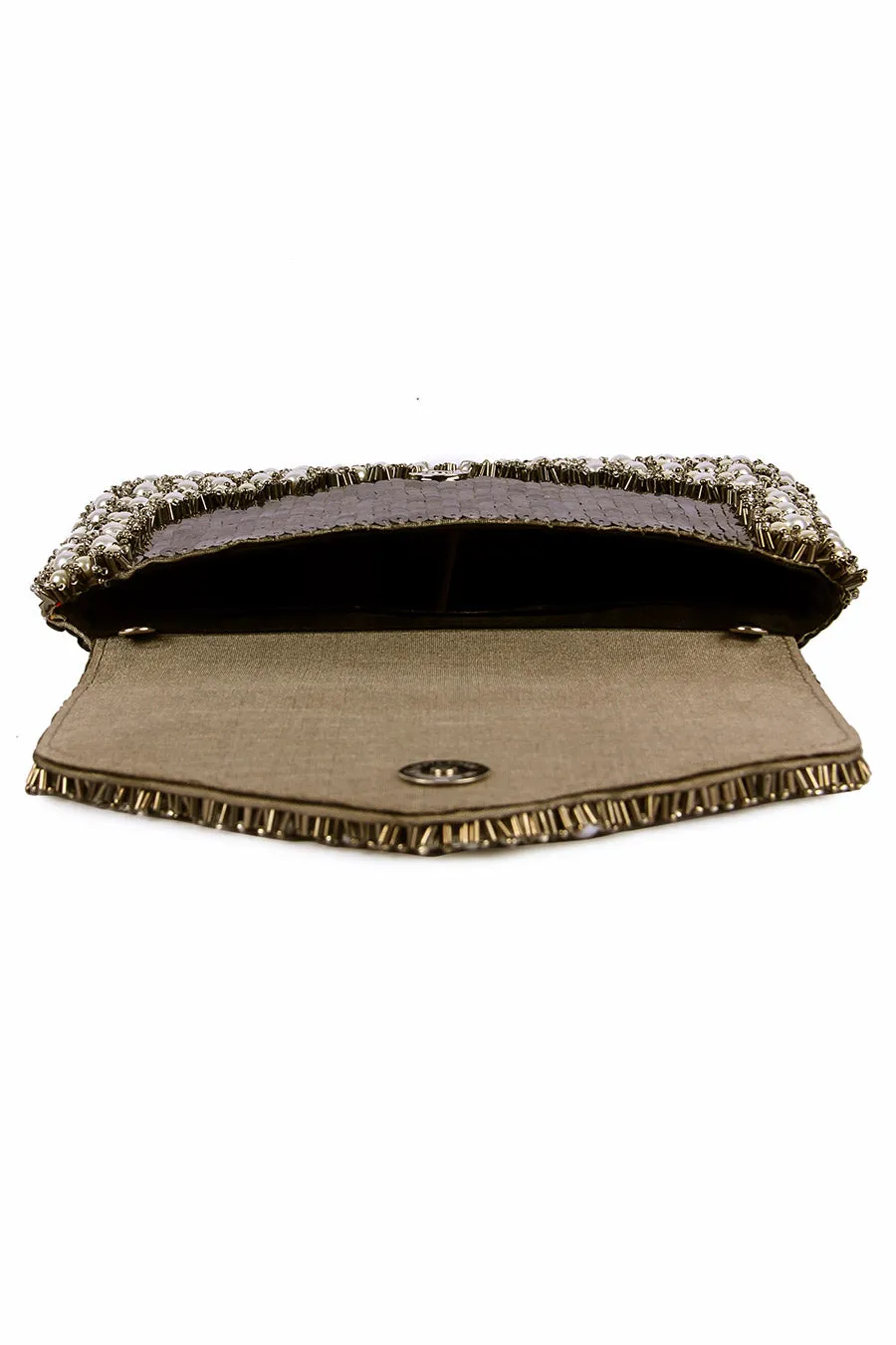 Bronze Pearl & Beads Hand-Embroidered Clutch