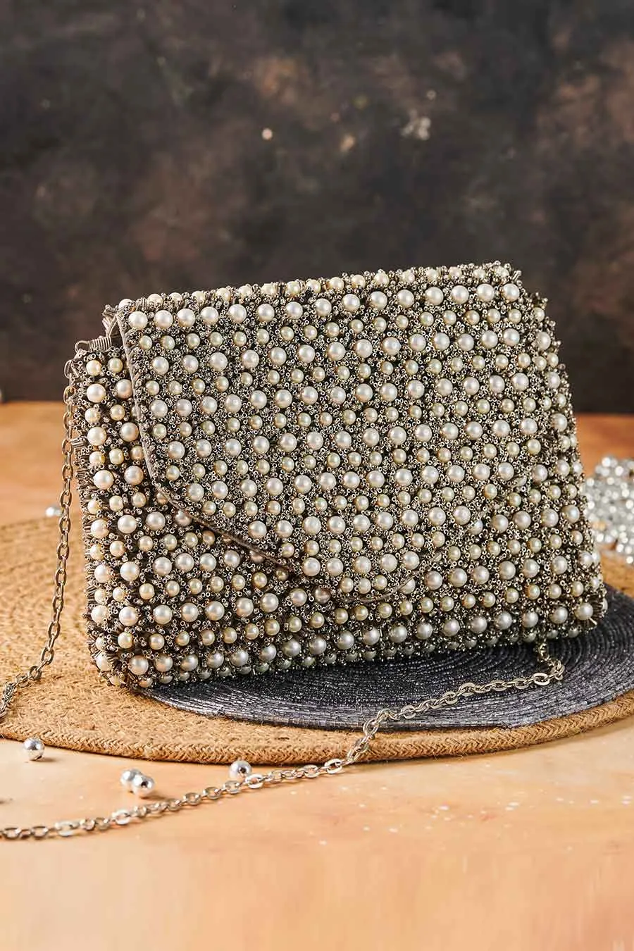 Bronze Pearl & Beads Hand-Embroidered Clutch