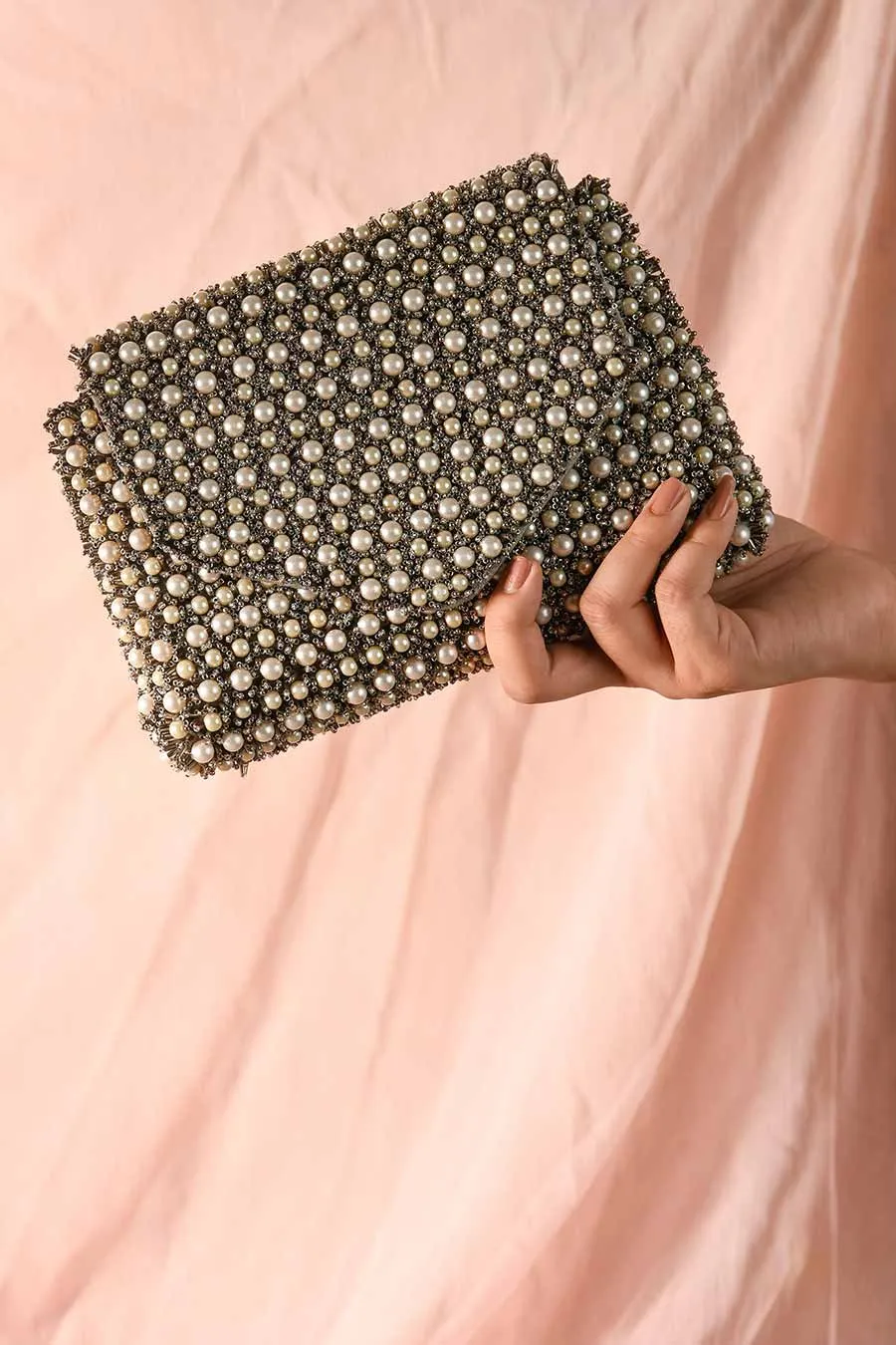 Bronze Pearl & Beads Hand-Embroidered Clutch