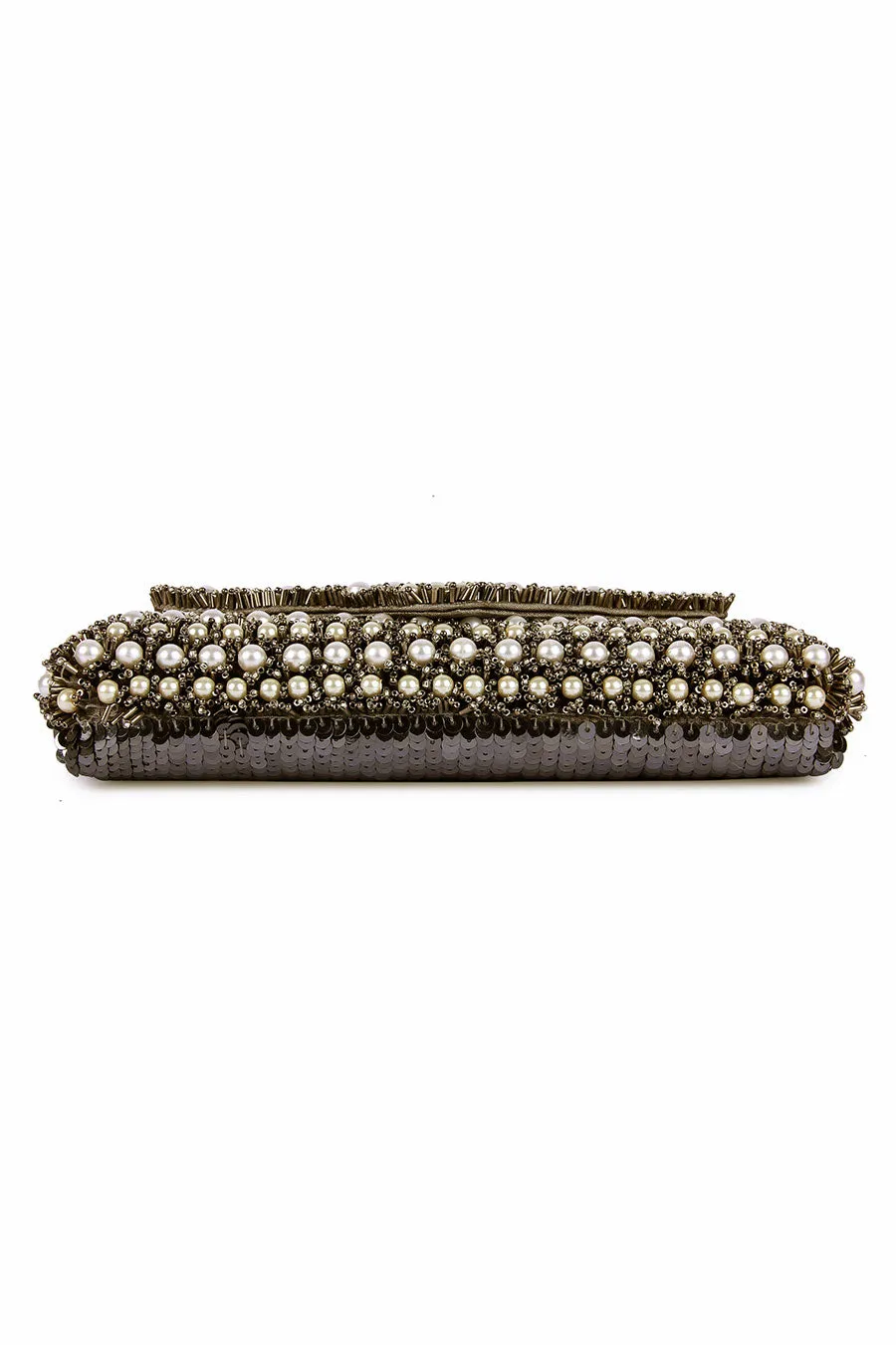 Bronze Pearl & Beads Hand-Embroidered Clutch