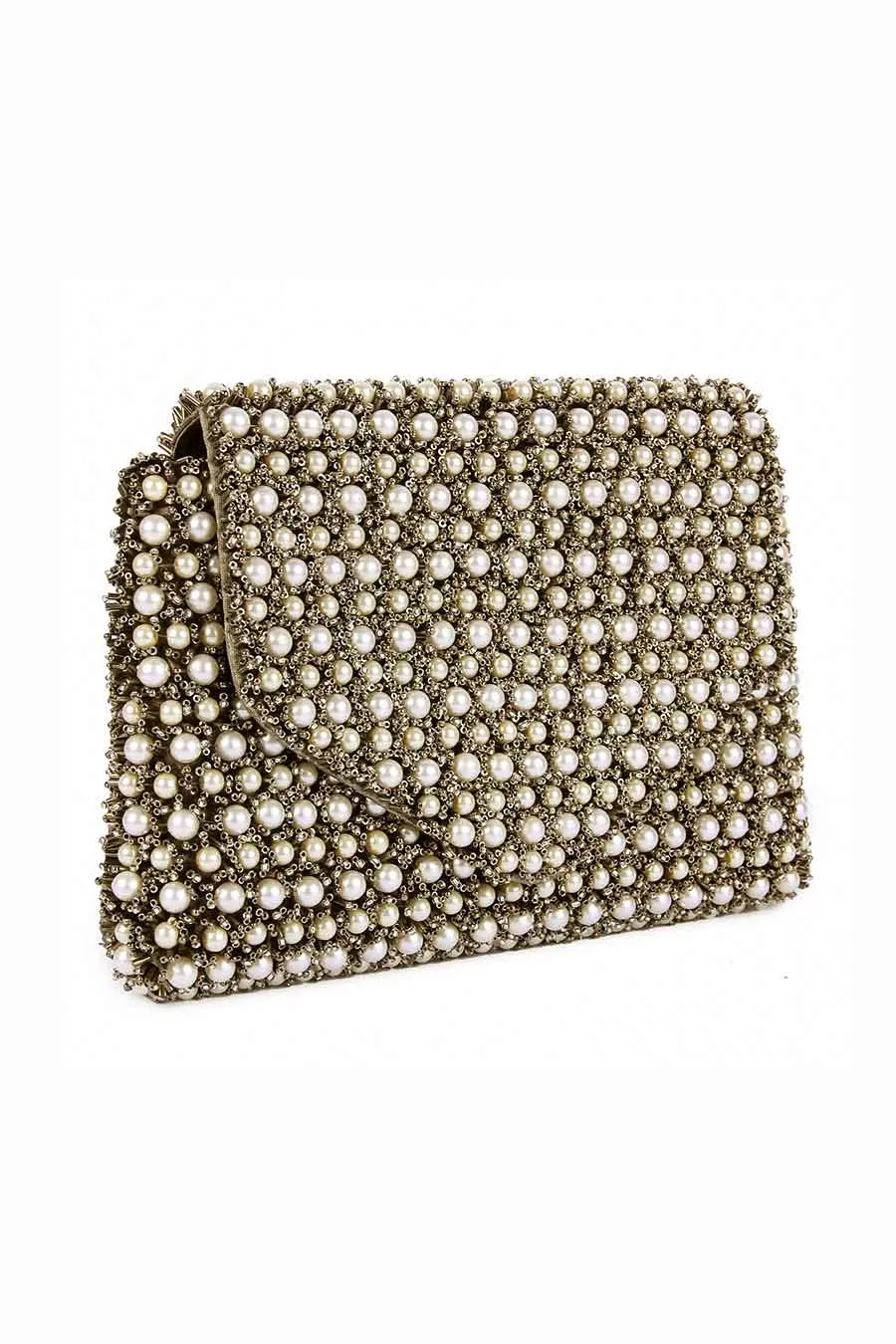 Bronze Pearl & Beads Hand-Embroidered Clutch