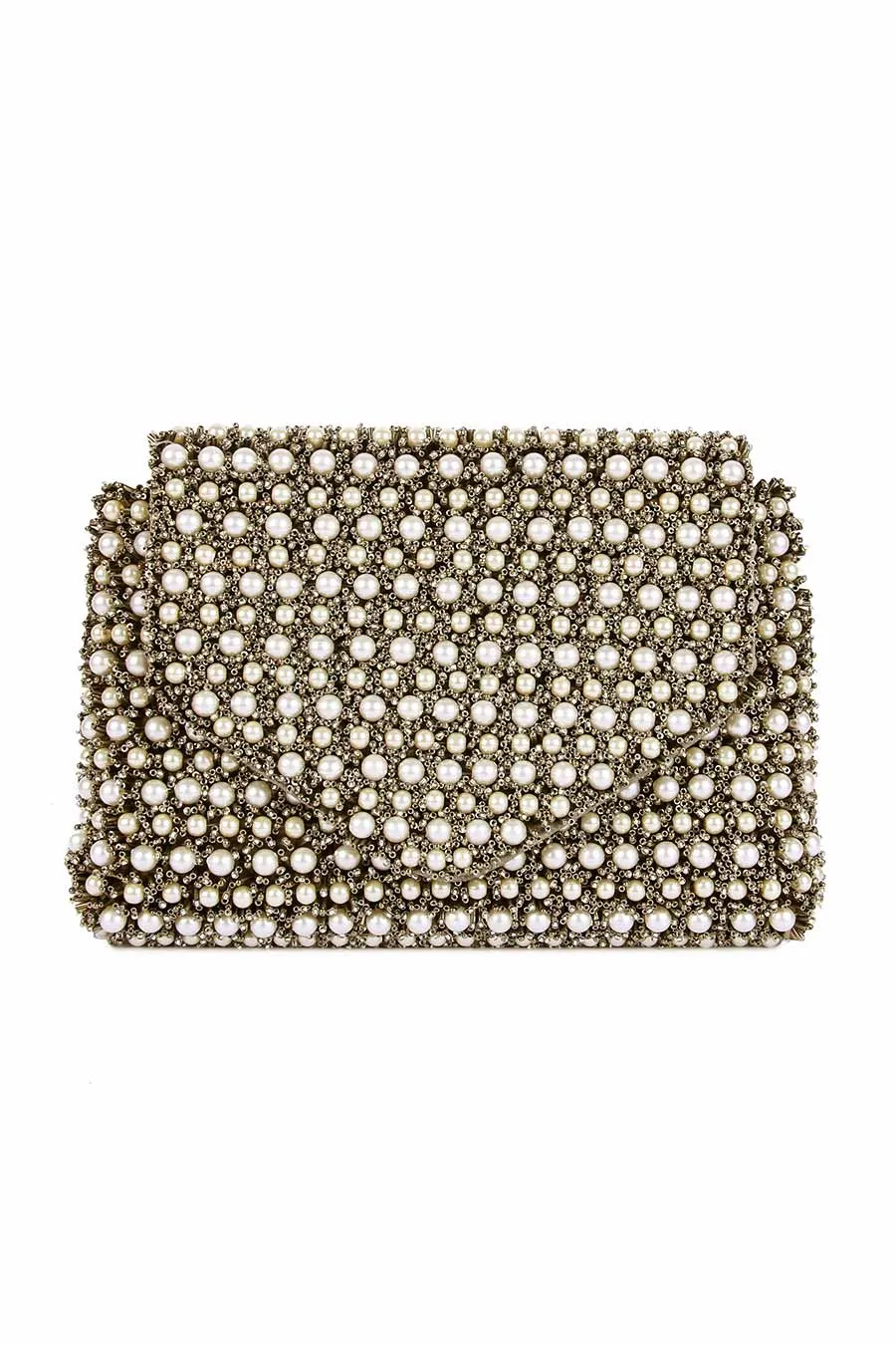 Bronze Pearl & Beads Hand-Embroidered Clutch