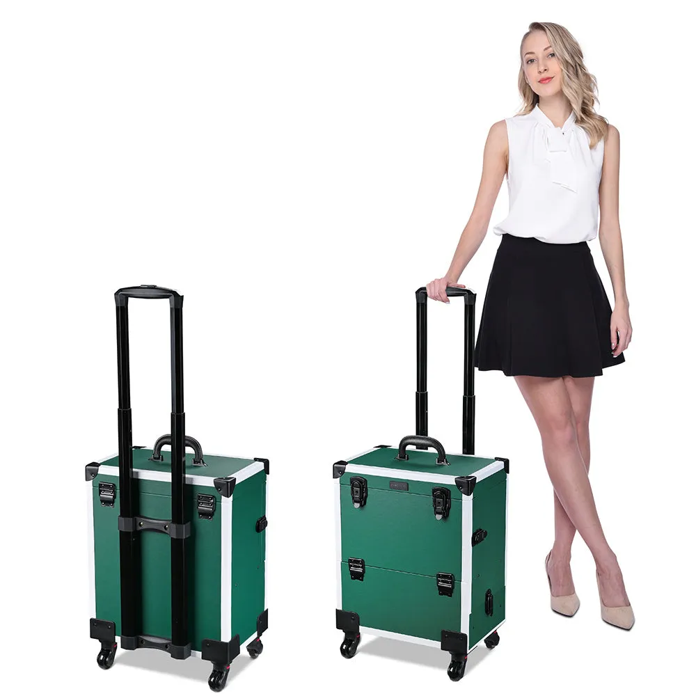 Byootique Fuhold Emerald Green Rolling Makeup Artist Case with Side Drawer