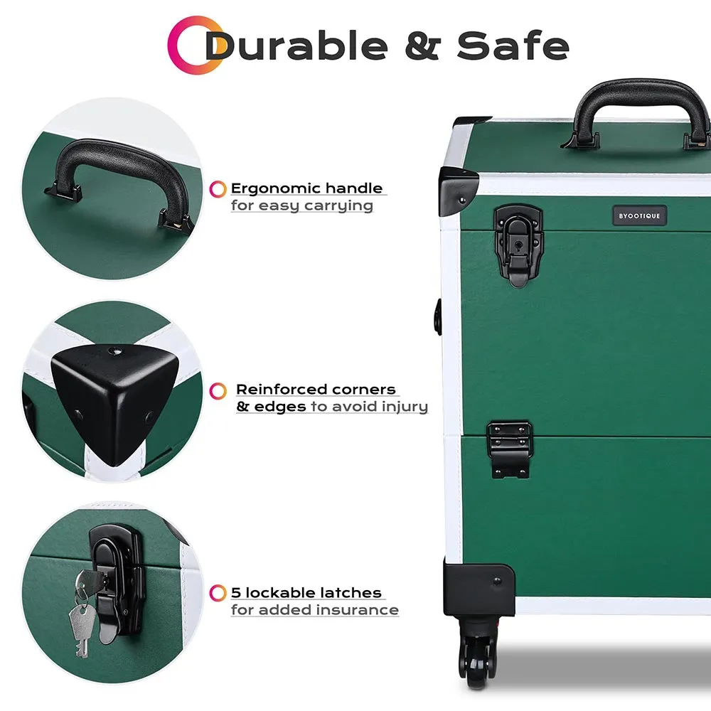 Byootique Fuhold Emerald Green Rolling Makeup Artist Case with Side Drawer
