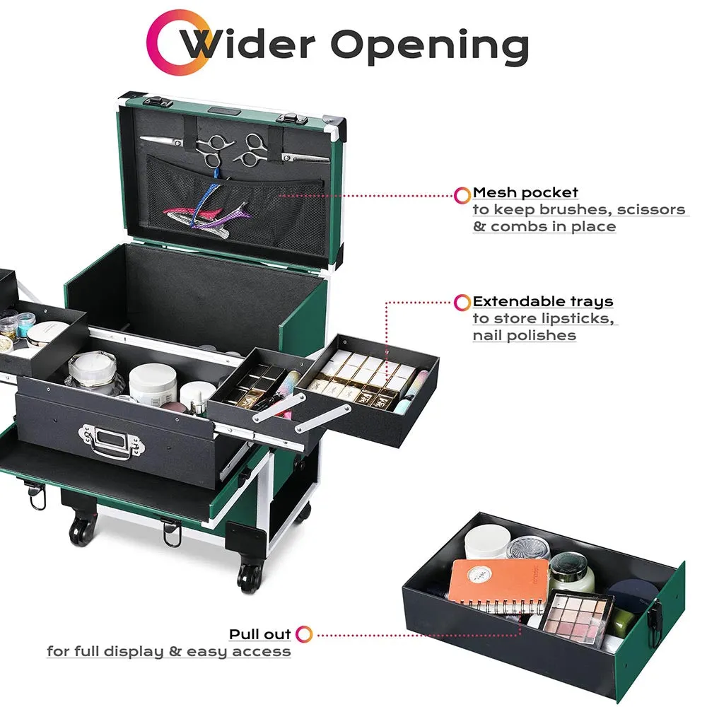 Byootique Fuhold Emerald Green Rolling Makeup Artist Case with Side Drawer