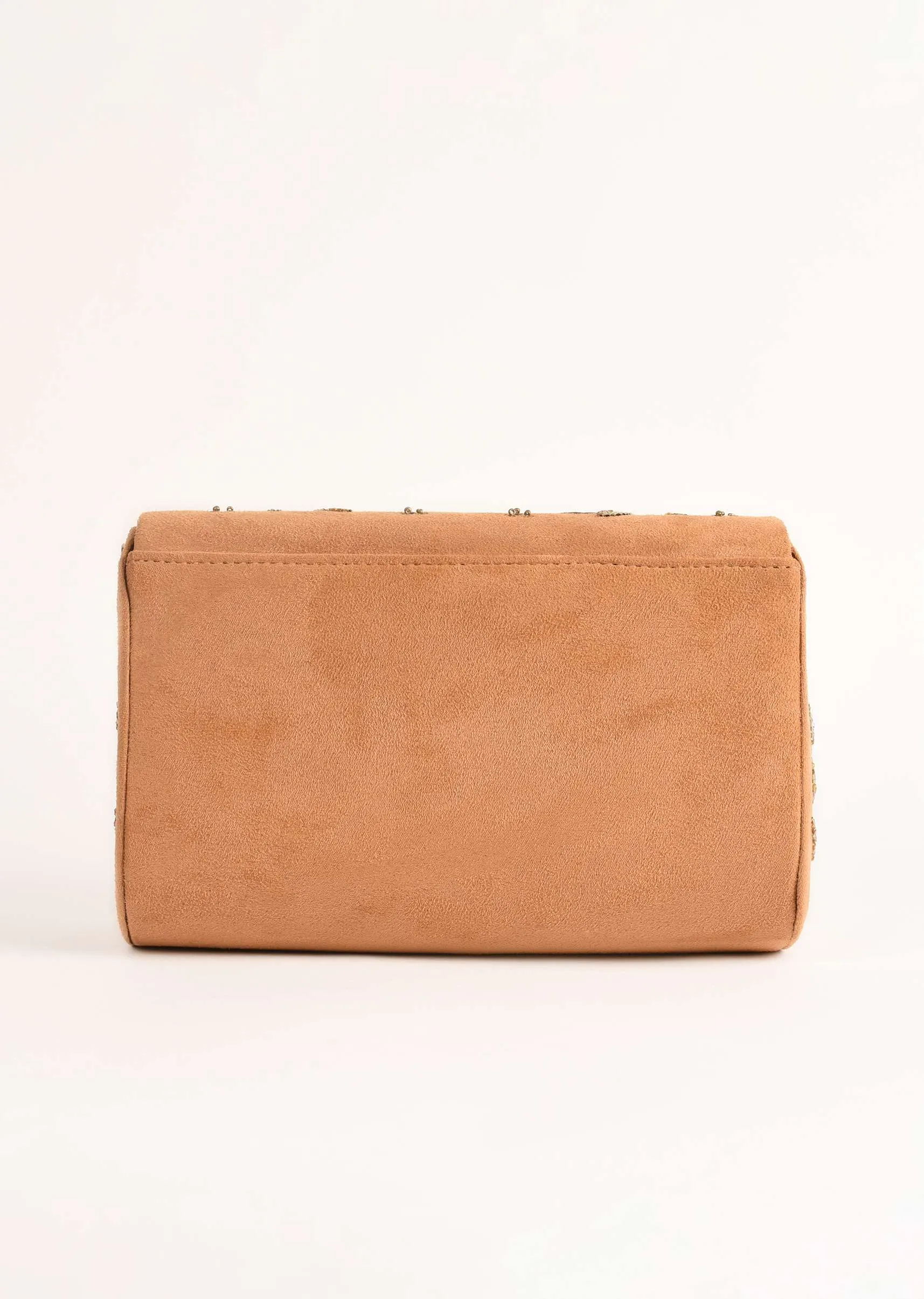 Camel Beige Clutch In Suede With Zardosi Embroidered Floral Motifs Online - Kalki Fashion