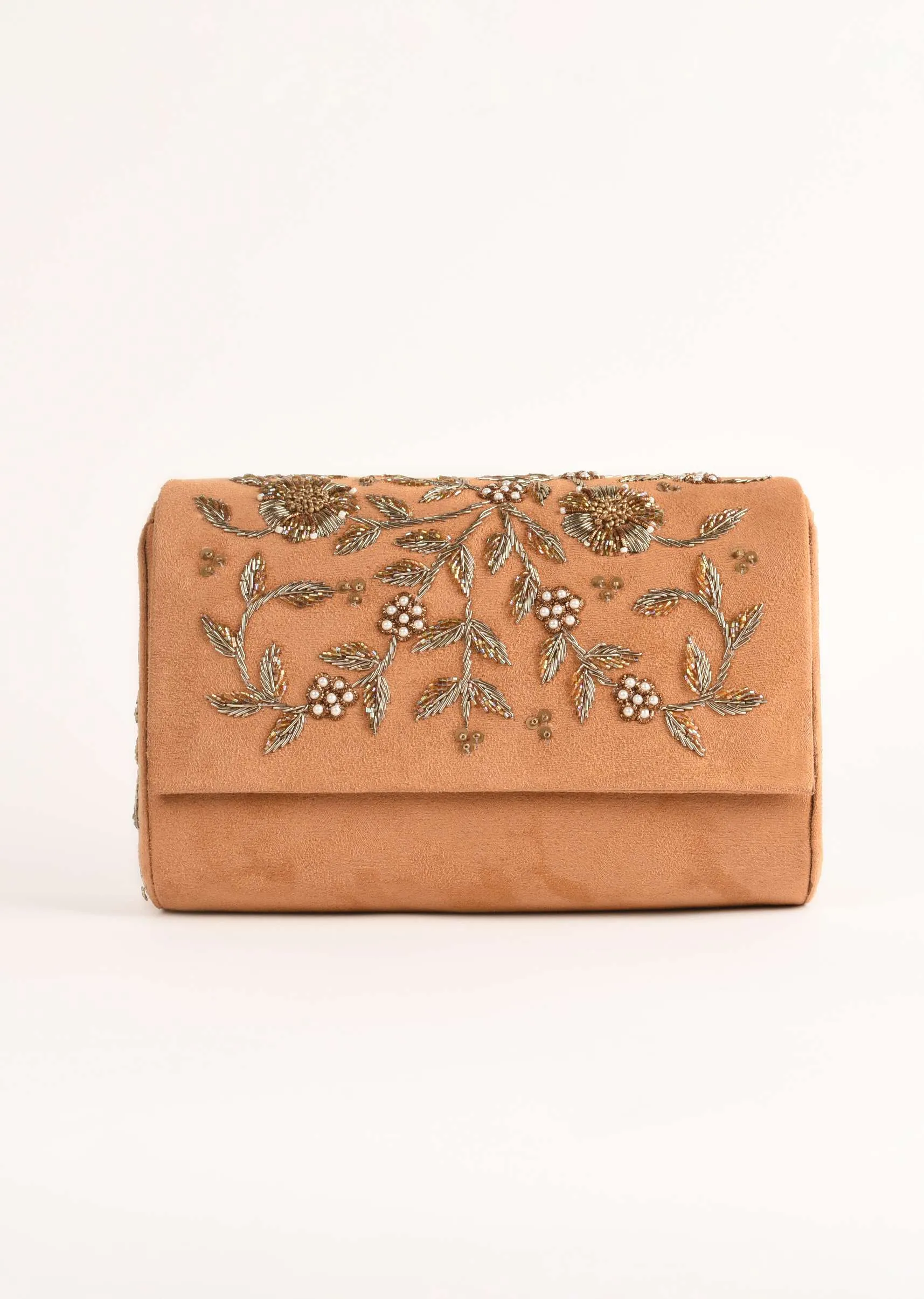 Camel Beige Clutch In Suede With Zardosi Embroidered Floral Motifs Online - Kalki Fashion