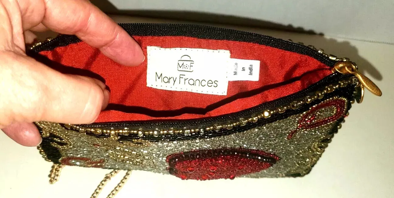 Mary Frances Queen of Hearts Card Handbag Crossbody Phone Bag Red Gold Purse NEW