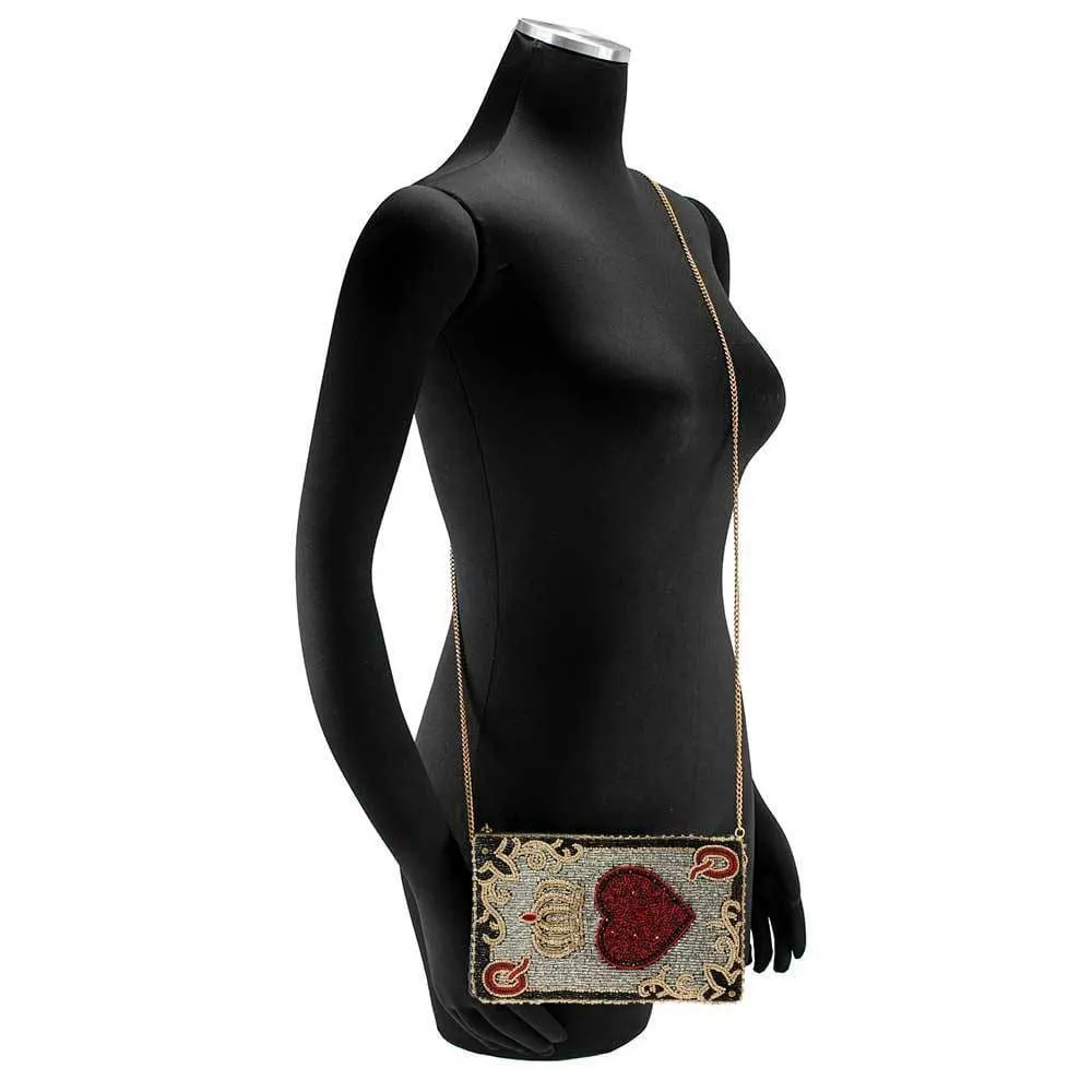 Mary Frances Queen of Hearts Card Handbag Crossbody Phone Bag Red Gold Purse NEW