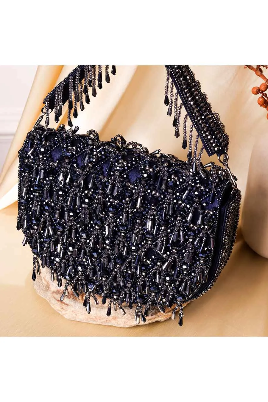 Navy Blue Zingming Hand-Embroidered Clutch