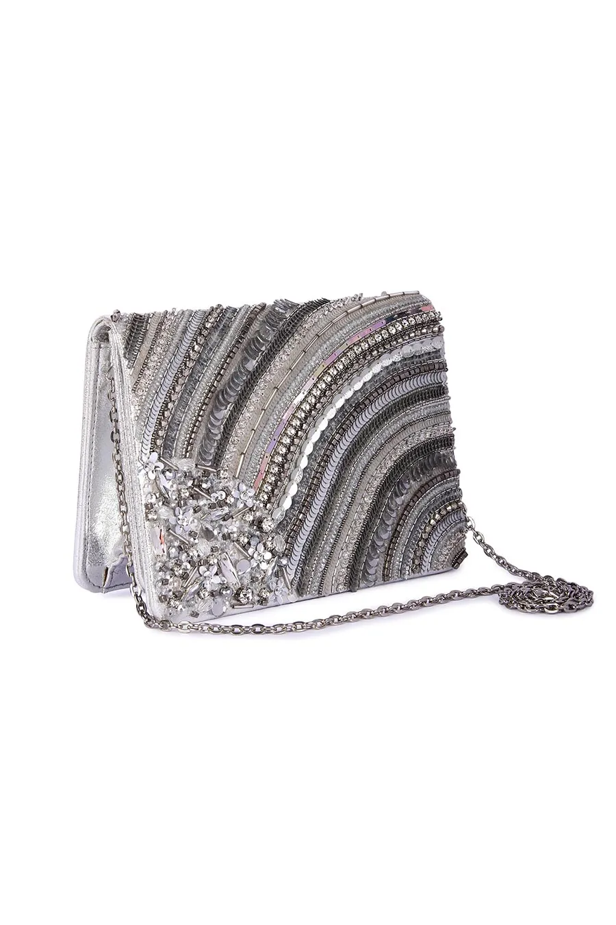 Silver Sheel Hand-Embroidered Clutch
