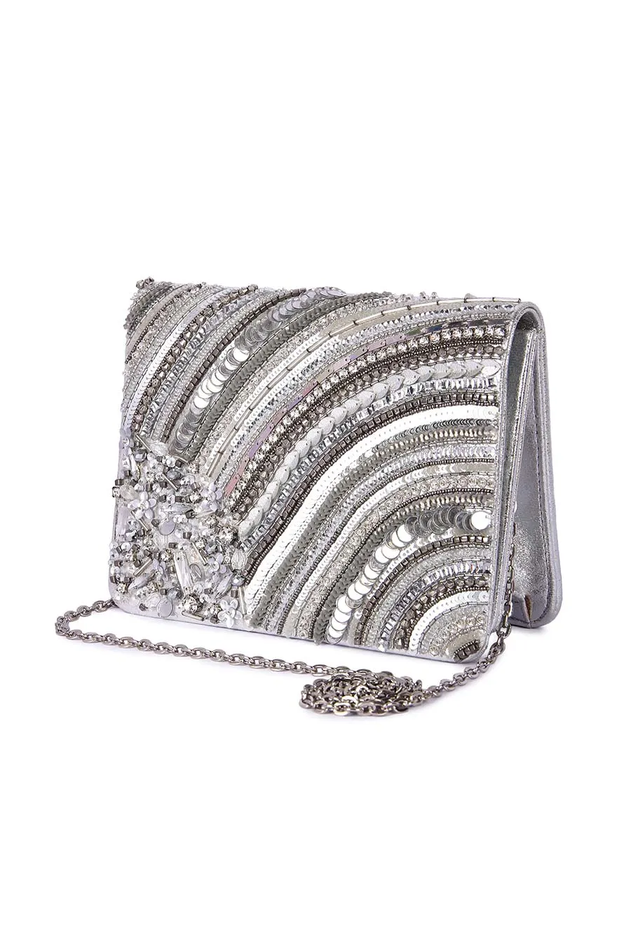 Silver Sheel Hand-Embroidered Clutch