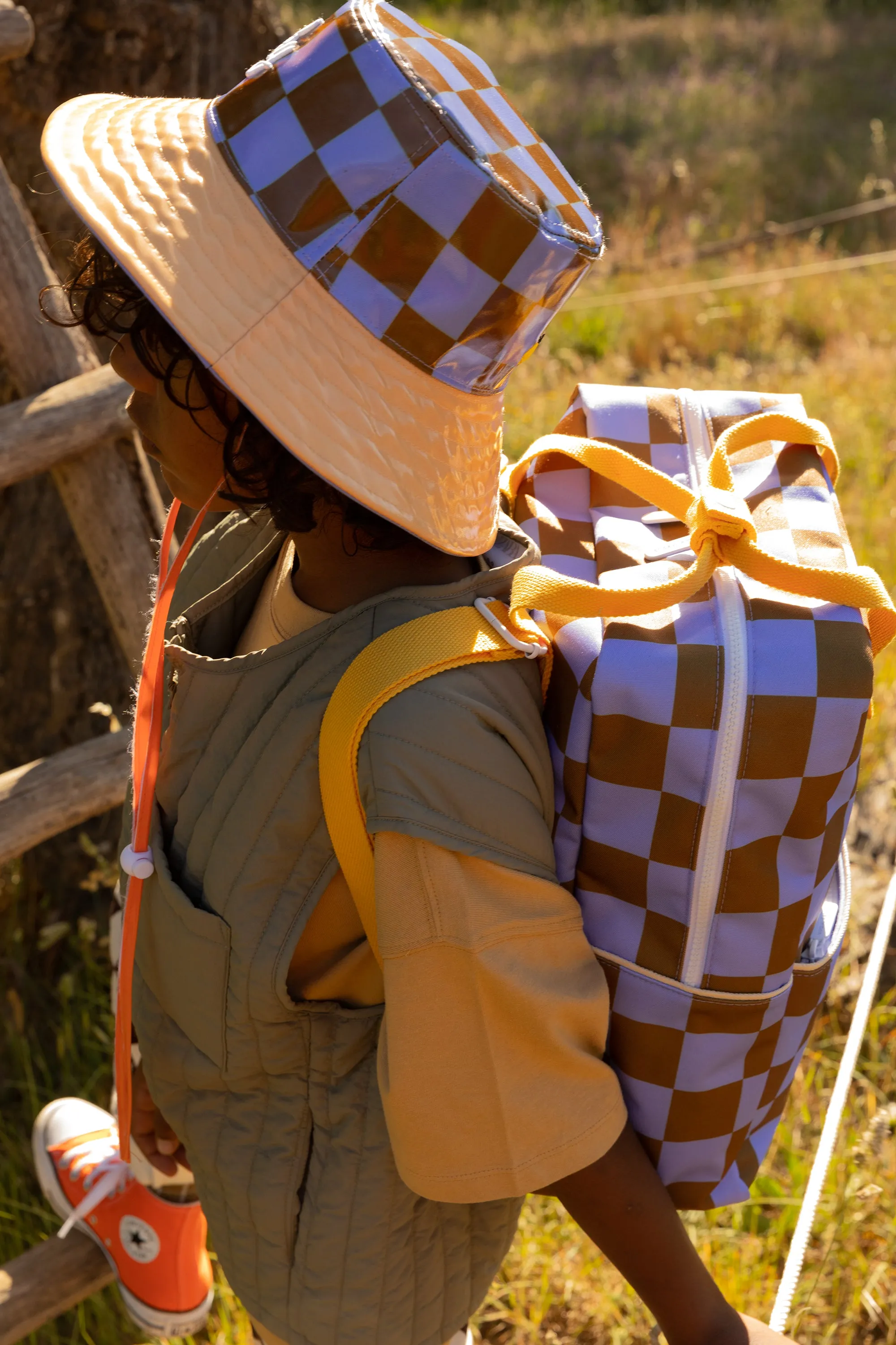 Sticky Lemon Farmhouse Checkerboard Large Backpack, Blooming Purple/Soil Green