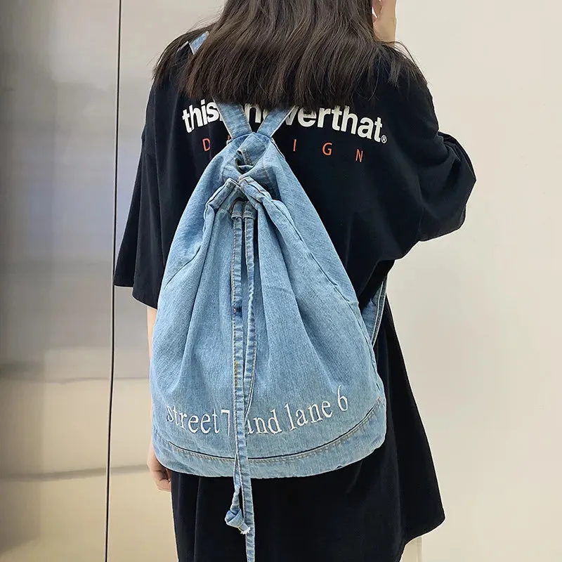 UAKISS  -  Denim Drawstring women Backpack Big Capacity Casual Cotton Women Backpacks Travel Shoulder Bags School bag Rucksac bagpack blue
