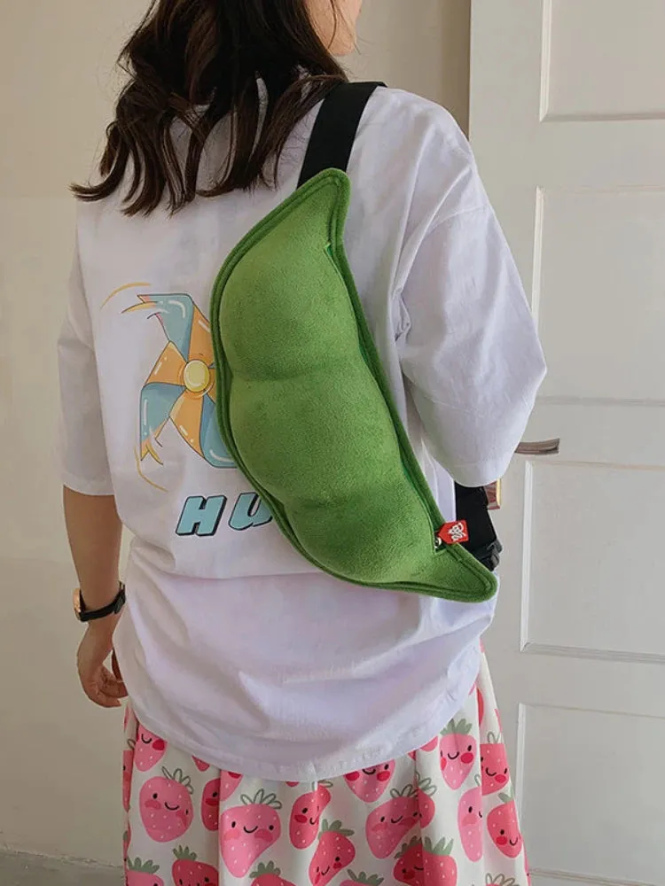 UAKISS  -  Plush Shoulder Bag Creative Peas Shaped Cartoon Design Chest Crossbody Bags Women Cute Zipper Messenger Handbags Y2k