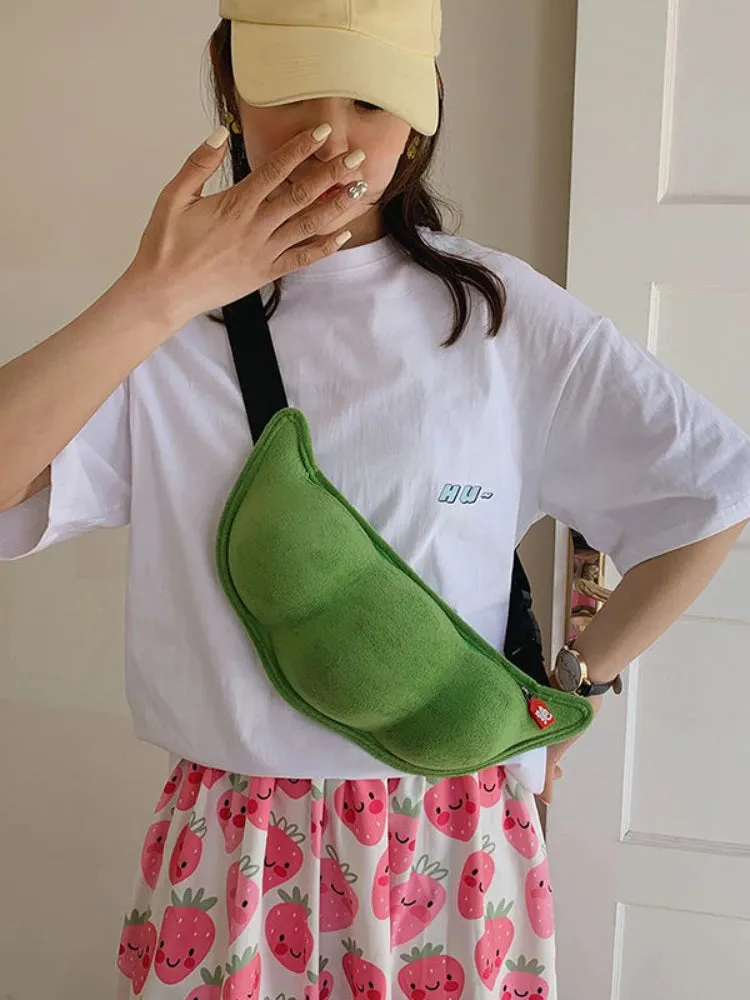 UAKISS  -  Plush Shoulder Bag Creative Peas Shaped Cartoon Design Chest Crossbody Bags Women Cute Zipper Messenger Handbags Y2k