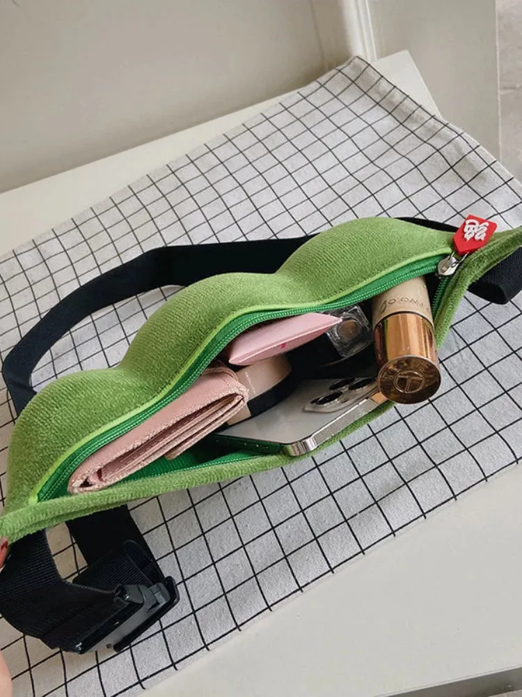 UAKISS  -  Plush Shoulder Bag Creative Peas Shaped Cartoon Design Chest Crossbody Bags Women Cute Zipper Messenger Handbags Y2k